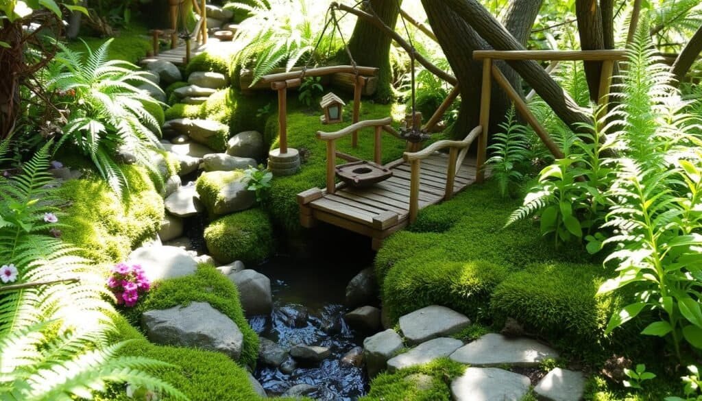 A lush, enchanting fairy garden, bathed in soft, natural light. Verdant ferns, mossy rocks, and delicate flowers dot the scene. A serene, babbling brook winds through the composition, its gentle movement reflecting the dappled sunlight. Whimsical, handcrafted wooden bridges and trellises create a sense of magical discovery. Weathered stone paths invite exploration, leading the viewer deeper into this tranquil, restorative oasis. The overall atmosphere evokes a feeling of peaceful harmony, where nature and craftsmanship seamlessly coexist.