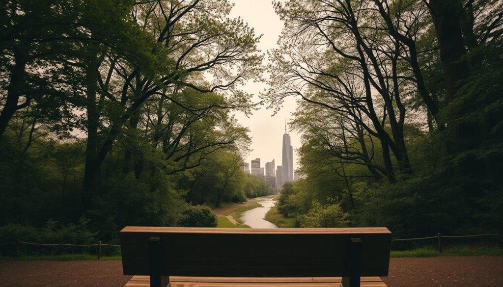 A lush forest, its canopy casting dappled light upon a winding stream, contrasts sharply with a stark, angular cityscape. In the foreground, a serene wooden bench invites contemplation, its natural grain and weathered texture a soothing counterpoint to the sleek, artificial structures beyond. The sky above is a soft, muted palette, hinting at the tranquility and harmony of the natural surroundings. Warm, diffused lighting bathes the scene, creating a sense of calm and introspection. This is a visual representation of the juxtaposition between the restorative power of nature and the disquieting effects of synthetic environments.