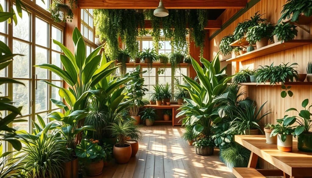 A lush, immersive indoor oasis showcasing the harmonious integration of potted plants and warm, natural wood accents. Sunlight filters through large windows, casting a golden glow on the meticulously arranged foliage and wooden furnishings. Varying shades of green leaves contrast beautifully with the rich, earthy tones of the wooden planks, shelves, and tables. The scene exudes a sense of tranquility and connection to the natural world, embodying the principles of biophilic design. Photographed with a wide-angle lens to capture the full breadth of the soothing, restorative ambiance.