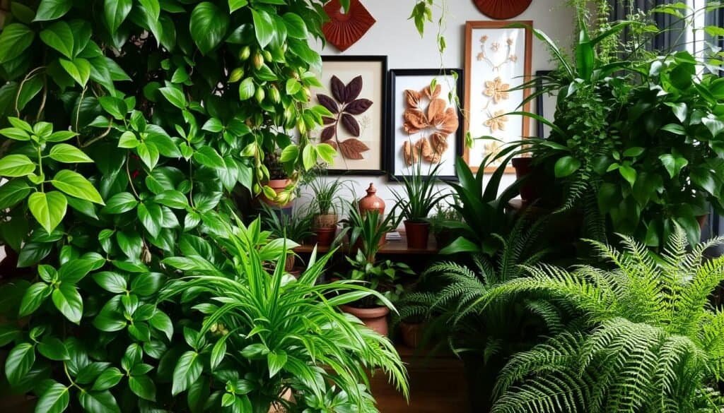 A lush, natural scene featuring an assortment of vibrant green foliage, including leafy houseplants, trailing vines, and delicate ferns. The plants are artfully arranged in the foreground, creating a welcoming and serene atmosphere. Soft, indirect lighting filters through the scene, casting gentle shadows and highlighting the intricate textures of the botanical elements. The middle ground features a mix of potted plants and decorative botanical accents, such as dried flowers or framed pressed leaves. In the background, hints of natural wood tones and muted earthen hues complement the organic feel of the space. The overall composition conveys a sense of harmony, inviting the viewer to connect with the soothing, nurturing presence of nature within the home.