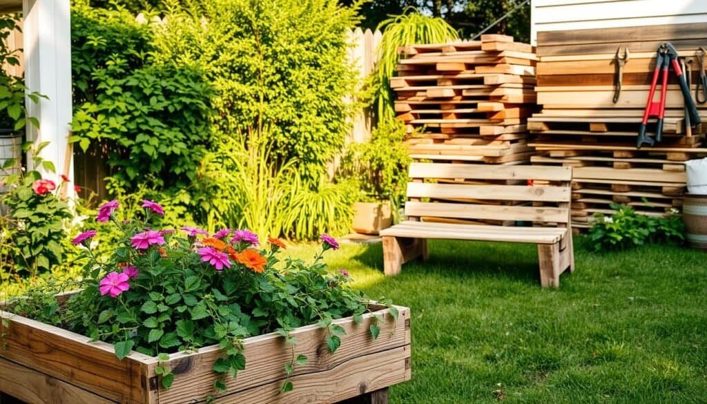 A lush, verdant backyard with a variety of DIY outdoor projects in progress. In the foreground, a rustic wooden planter box filled with vibrant flowers and trailing vines. In the middle ground, a repurposed pallet transformed into a charming garden bench, weathered by the elements. In the background, a neatly stacked pile of reclaimed lumber and a set of hand tools, hinting at the homeowner's creative spirit. The scene is bathed in warm, natural lighting, creating a sense of calm and inviting atmosphere. The overall composition conveys a harmonious blend of nature, craftsmanship, and personal expression.