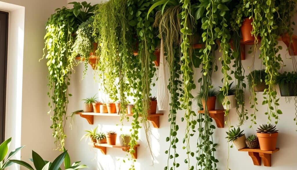 A lush, verdant boho-inspired plant wall adorns the room, cascading with a variety of hanging vines, trailing foliage, and potted succulents. Warm, natural lighting filters through the greenery, casting a peaceful, tranquil atmosphere. The wall-mounted design makes efficient use of vertical space, creating a calming, nature-inspired focal point. The arrangement is meticulously curated, with each plant thoughtfully positioned to create a harmonious, visually-striking display. Wooden shelves and brackets blend seamlessly with the organic materials, complementing the earthy, bohemian aesthetic. This serene, biophilic installation brings the outdoors in, promoting a sense of well-being and serenity.