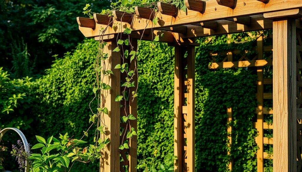A lush, verdant garden backdrop with a beautifully crafted wooden trellis in the foreground. The trellis features intricate lattice work, weathered and seasoned by time, casting warm, natural shadows across the scene. Trailing vines and climbing plants weave through the trellis, adding pops of vibrant color and organic texture. Soft, diffused lighting illuminates the setting, creating a serene, inviting atmosphere. The composition emphasizes the harmonious integration of the trellis structure with the surrounding landscape, showcasing its functional and aesthetic value in the garden. A lush, verdant garden backdrop with a beautifully crafted wooden trellis in the foreground. The trellis features intricate lattice work, weathered and seasoned by time, casting warm, natural shadows across the scene. Trailing vines and climbing plants weave through the trellis, adding pops of vibrant color and organic texture. Soft, diffused lighting illuminates the setting, creating a serene, inviting atmosphere. The composition emphasizes the harmonious integration of the trellis structure with the surrounding landscape, showcasing its functional and aesthetic value in the garden.