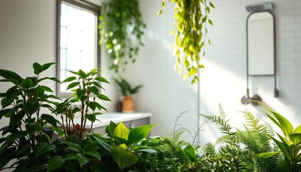 A lush, verdant oasis in a tranquil bathroom, bathed in soft, diffuse natural light filtering through a large window. In the foreground, a cluster of thriving, humidity-loving plants – vibrant philodendrons, cascading pothos, and delicate ferns – their foliage gently swaying. The middle ground features a sleek, modern vanity and subtle metallic accents, creating a harmonious blend of organic and industrial elements. In the background, a soothing white subway tile wall sets the stage for this serene, spa-like sanctuary. The overall composition evokes a sense of calming rejuvenation, perfect for a tranquil shower experience.