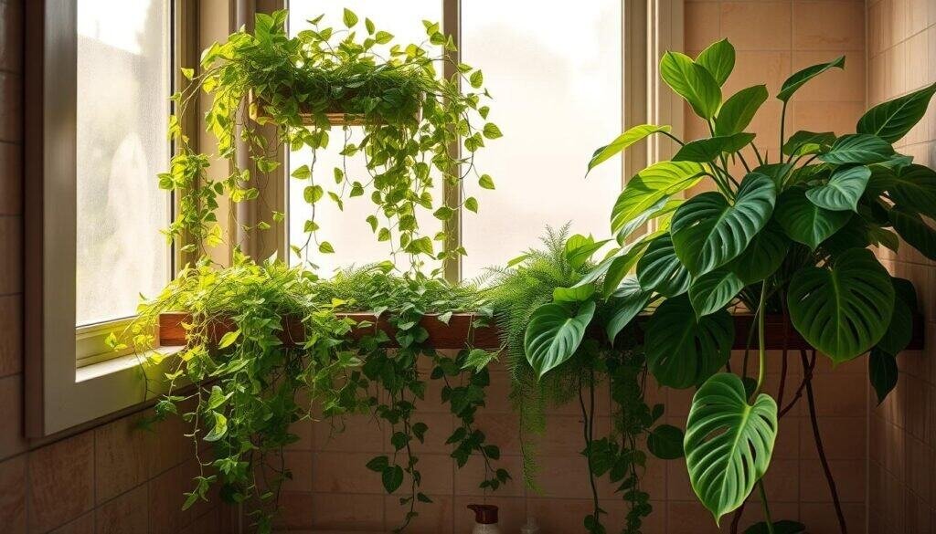 A lush, verdant scene of vibrant, humidity-loving plants cascading from a rustic wooden shelf in a cozy bathroom setting. Delicate ferns, trailing pothos vines, and broad-leafed monstera plants create a peaceful, natural oasis. Soft, diffused lighting filters through the steam-fogged window, casting a warm, tranquil glow over the scene. The plants appear to thrive in the humid, spa-like atmosphere, their leaves gently swaying. A sense of serenity and rejuvenation pervades the composition, inviting the viewer to pause and find respite.