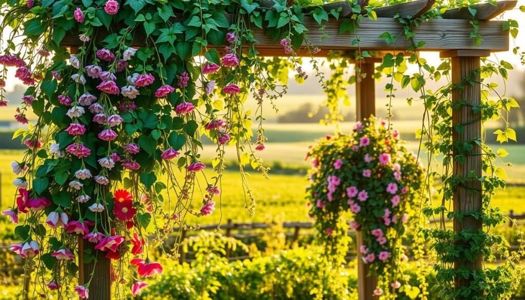 A lush, verdant trellis adorned with a vibrant array of climbing plants, bathed in warm, golden sunlight. Delicate tendrils twine gracefully around the wooden structure, creating a picturesque scene of natural harmony. In the foreground, a variety of flowering vines cascade downward, their blossoms bursting with vivid hues. The middle ground showcases a mix of leafy climbers, their foliage creating a layered, textured tapestry. In the background, the trellis blends seamlessly into a serene, pastoral landscape, emphasizing the tranquil, bucolic atmosphere. Captured with a sharp, high-resolution lens, this image showcases the beauty and versatility of climbing plants perfectly suited for a simple, rustic wood trellis. A lush, verdant trellis adorned with a vibrant array of climbing plants, bathed in warm, golden sunlight. Delicate tendrils twine gracefully around the wooden structure, creating a picturesque scene of natural harmony. In the foreground, a variety of flowering vines cascade downward, their blossoms bursting with vivid hues. The middle ground showcases a mix of leafy climbers, their foliage creating a layered, textured tapestry. In the background, the trellis blends seamlessly into a serene, pastoral landscape, emphasizing the tranquil, bucolic atmosphere. Captured with a sharp, high-resolution lens, this image showcases the beauty and versatility of climbing plants perfectly suited for a simple, rustic wood trellis.
