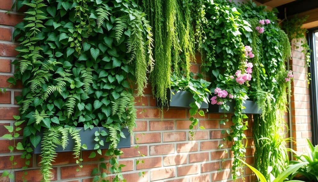 A lush, verdant vertical garden cascades down a sun-dappled brick wall, its cascading vines and trailing greenery creating a serene, nature-infused oasis. Delicate ferns, trailing ivy, and vibrant flowering plants intermingle in a harmonious composition, their leaves catching the soft, diffused light from above. The garden's linear, modular planter boxes lend structure and visual interest, complementing the organic, free-flowing forms of the foliage. Warm, earthy tones of the aged brick backdrop provide a natural contrast, while the overall scene conveys a sense of lightness, tranquility, and a connection to the outdoors. Captured with a wide-angle lens, the image showcases the full, lush verticality of this innovative, space-saving plant display.