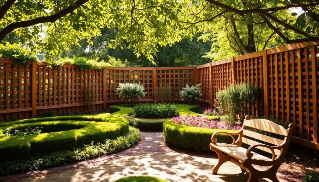 A lush, well-tended garden surrounded by a beautifully crafted wooden fence, its intricate latticework casting delicate shadows on the neatly trimmed hedges and vibrant flower beds. The natural grain of the wood harmonizes with the earthy tones of the garden, creating a warm and inviting atmosphere. Dappled sunlight filters through the overhead canopy, illuminating the scene with a soft, golden glow. In the foreground, a charming wooden bench offers a cozy spot to sit and admire the carefully curated garden design. The overall impression is one of tranquility and timeless elegance, where the intersection of nature and craftsmanship creates a truly captivating visual experience.