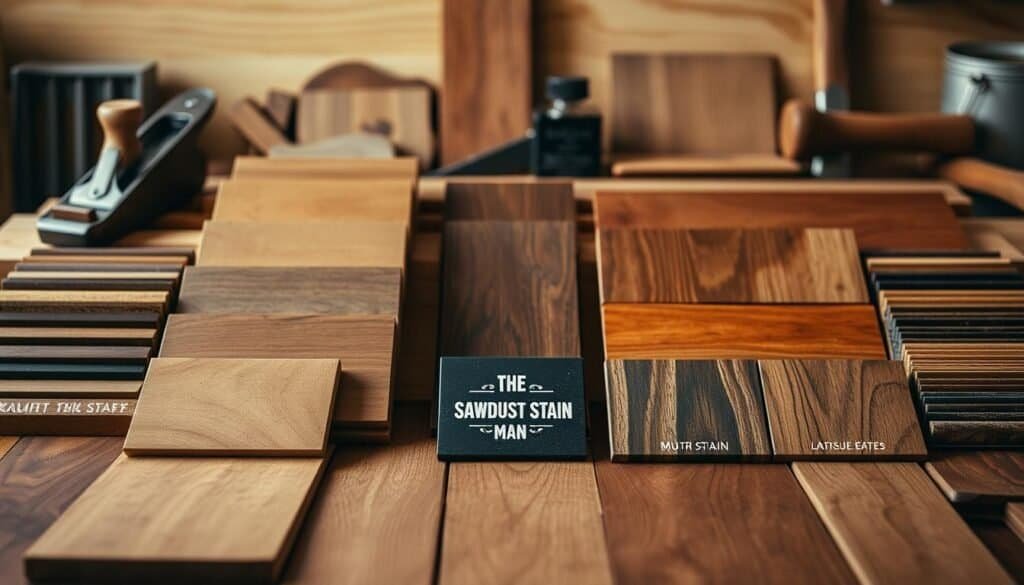 A meticulously arranged still-life scene showcasing a range of exquisite wood stain swatches from the brand "The Sawdust Man". In the foreground, a variety of wooden planks and samples are displayed in an orderly fashion, showcasing the rich, natural tones and grains of different wood types. The middle ground features various woodworking tools, such as a chisel, a plane, and a mallet, creating a sense of craftsmanship and attention to detail. The background is softly blurred, creating a warm and inviting atmosphere, reminiscent of a cozy home workshop. The lighting is natural and diffused, highlighting the depth and complexity of the wood tones. The overall composition is balanced and visually appealing, inviting the viewer to explore the unique characteristics of each wood stain.