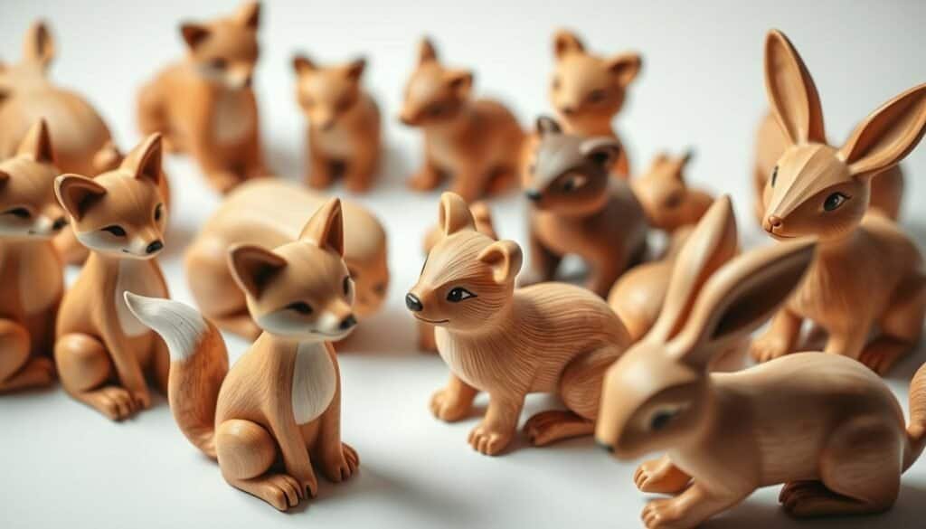 A meticulously carved collection of whimsical animal figures in warm, natural wood tones. A gentle, skilled hand shapes detailed foxes, bears, and rabbits, each with its own distinct personality. Soft studio lighting casts gentle shadows, highlighting the delicate textures and the artisan's careful craftsmanship. The figures are arranged in a harmonious, inviting composition, conveying a sense of tranquility and the simple pleasures of handmade objects. A serene, tactile scene that celebrates the art of woodcarving and the beauty of the natural world.