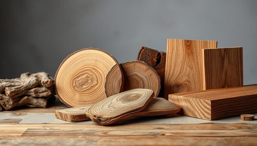 A meticulously composed still life showcasing the distinctive characteristics of various wood types. A detailed tabletop scene with expertly arranged samples, beautifully lit from the side to accentuate the natural grain patterns, knots, and textures of oak, pine, walnut, maple, and cedar. The woods are presented in a manner that allows their unique visual qualities to shine, inviting the viewer to closely examine and appreciate the subtle nuances that define each species. The overall mood is one of refined elegance and rustic charm, capturing the inherent beauty and diversity of these natural materials.