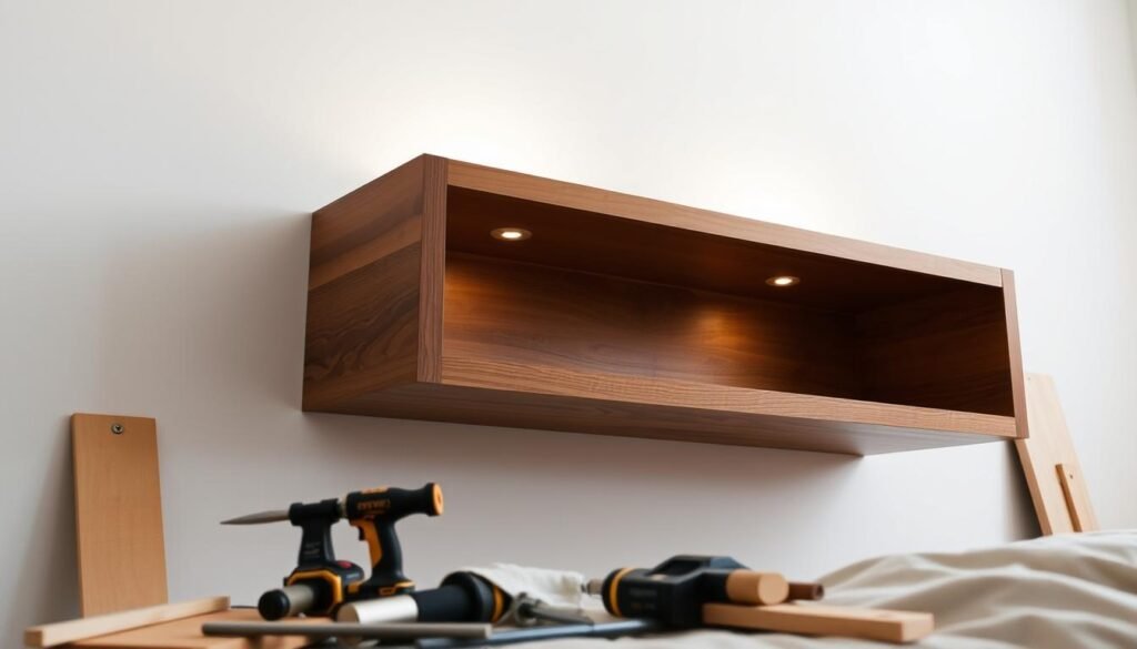 A meticulously crafted floating nightstand, its sleek wooden frame elegantly suspended against a pristine white wall. The nightstand's surface reflects a soft, ambient light, casting a warm glow throughout the cozy, minimalist bedroom setting. In the foreground, various woodworking tools and materials are neatly arranged, suggesting a recent DIY installation process. The image captures the step-by-step process of mounting the floating nightstand, showcasing the attention to detail and craftsmanship required for this stylish home decor project.