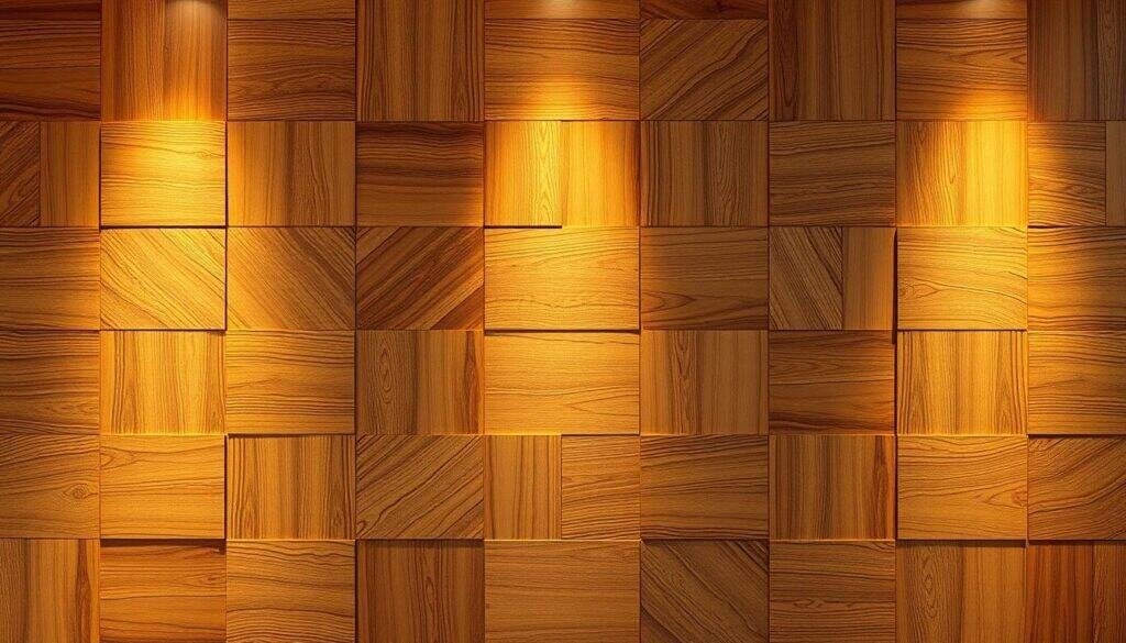 A meticulously crafted geometric wood wall, showcasing the natural beauty and intricate patterns of the grain. Warm, soft lighting highlights the depth and texture of the wood, creating a harmonious, modern ambiance. The wall is composed of precisely arranged, geometric panels in a mix of earthy tones, casting subtle shadows that accentuate the depth and dimensionality of the design. The overall composition radiates a sense of sophistication and a celebration of the inherent artistry of woodworking, perfectly suited for a contemporary, minimalist interior space.