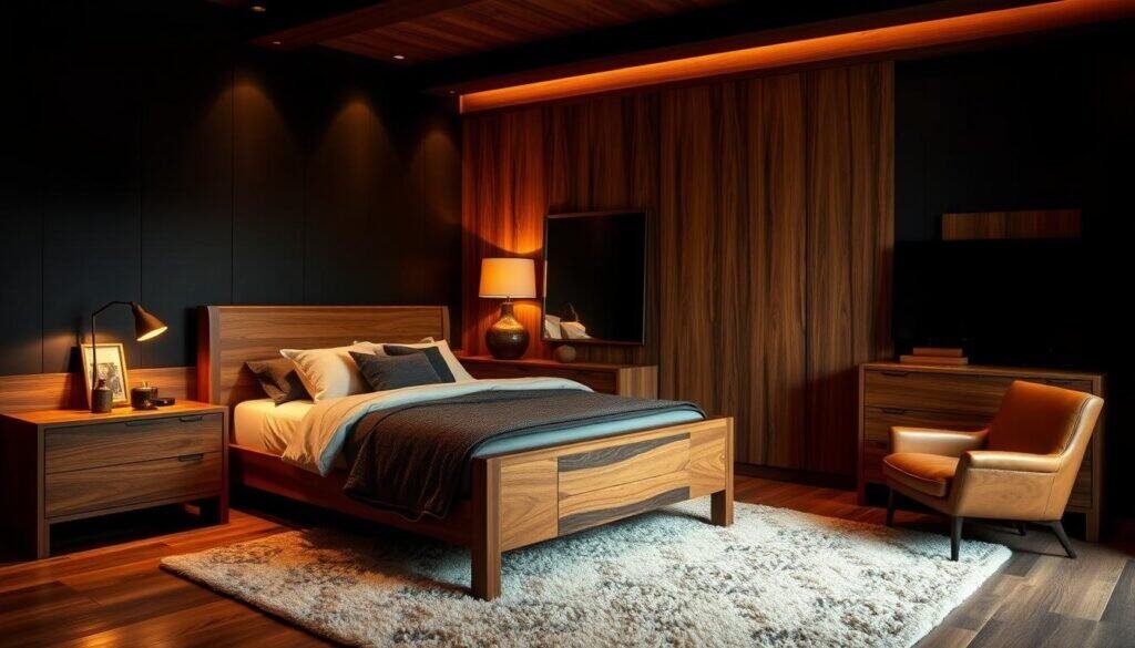 A meticulously crafted masculine bedroom retreat, featuring a stunning contrast of deep ebony and rich wood tones. Warm ambient lighting casts a cozy glow, complemented by sleek, handcrafted furniture from The Sawdust Man. Smooth, polished surfaces of the nightstands and dresser reflect the natural grain, creating a sense of refined elegance. Plush textiles and inviting textures, like a leather armchair and a heavy wool rug, imbue the space with an air of sophisticated comfort. The overall atmosphere exudes a refined, sophisticated retreat, perfect for a discerning gentleman.