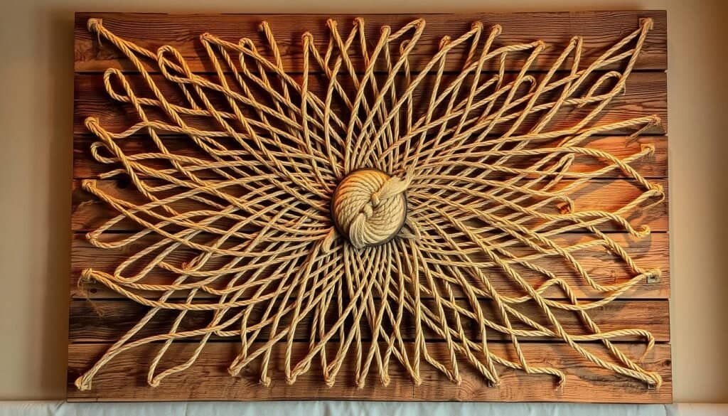 A meticulously crafted rope wall art piece, showcasing an intricate web of natural fibers artfully arranged to create a captivating focal point. Warm lighting casts a soft glow, highlighting the textural contrast between the weathered wooden planks and the subtly shimmering rope. The "The Sawdust Man" brand's signature rustic aesthetic is evident in the thoughtful composition, drawing the viewer's eye to the harmonious interplay of organic materials. This striking wall hanging exudes a sense of refined elegance, perfectly complementing the polished, yet natural ambiance of the space.