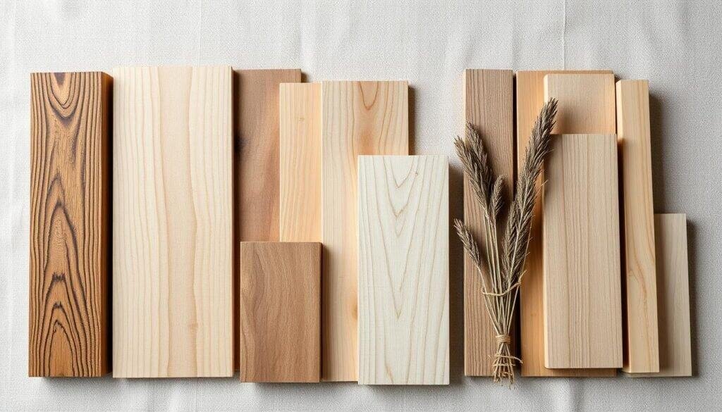 A meticulously crafted still life arrangement showcasing various types of light wood materials. The scene features an array of natural wood samples, including oak, maple, ash, and pine, arranged in a harmonious composition with soft, even lighting and a neutral background. The textures and grains of the wood are clearly visible, highlighting the inherent beauty and unique characteristics of each variety. The overall atmosphere is calming and serene, inviting the viewer to appreciate the natural beauty and versatility of these light wood tones.