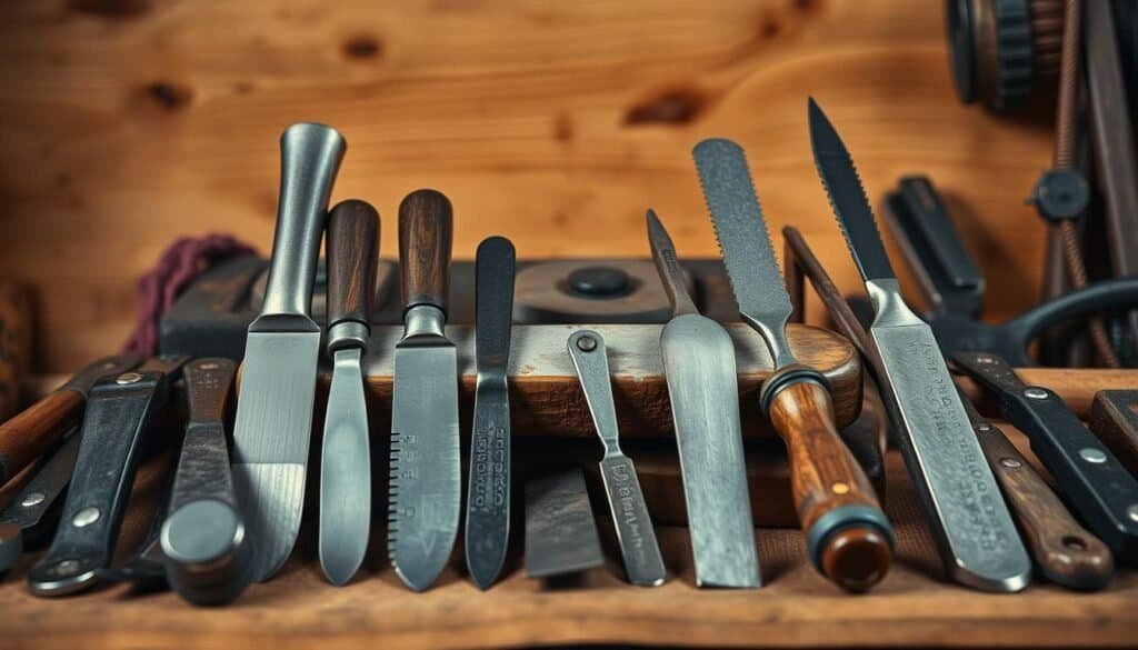 A meticulously crafted still life composition showcasing the core principles of tool sharpening. In the foreground, an array of sharp, gleaming blades, chisels, and cutting tools arranged in an elegant display. The middle ground features a vintage sharpening stone, its surface worn with years of use, alongside a set of precision files and hones. The background is a warm, rustic workshop setting, with natural wooden textures and gentle ambient lighting that accentuates the tools' craftsmanship. The overall atmosphere conveys a sense of precision, craftsmanship, and the timeless tradition of maintaining sharp, well-cared-for tools. A meticulously crafted still life composition showcasing the core principles of tool sharpening. In the foreground, an array of sharp, gleaming blades, chisels, and cutting tools arranged in an elegant display. The middle ground features a vintage sharpening stone, its surface worn with years of use, alongside a set of precision files and hones. The background is a warm, rustic workshop setting, with natural wooden textures and gentle ambient lighting that accentuates the tools' craftsmanship. The overall atmosphere conveys a sense of precision, craftsmanship, and the timeless tradition of maintaining sharp, well-cared-for tools.