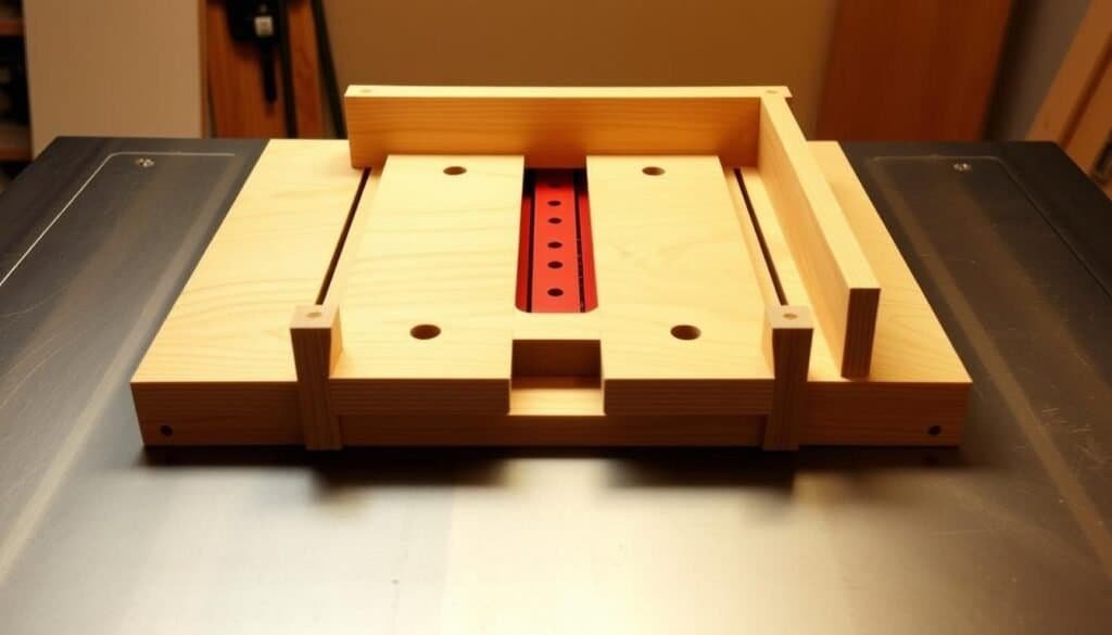 A meticulously crafted table saw jig with smooth, precision-milled wood components. The jig features a sturdy base, adjustable fences, and a carefully positioned blade guard for maximum safety. Warm, directional lighting illuminates the intricate joinery and highlights the natural grain of the wood. The overall scene conveys a sense of functionality, craftsmanship, and attention to detail that would be essential for any woodworking project. The clean, clutter-free background allows the jig to be the central focus, showcasing its purpose and design.