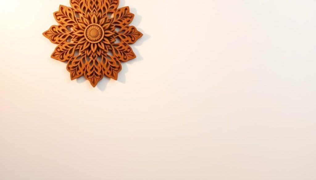 A meticulously crafted wooden wall hanging, its intricate carved patterns casting mesmerizing shadows across a pristine white wall. Warm, golden lighting illuminates the piece, highlighting the depth and texture of the wood grain. The ornate design stands out as a captivating focal point, elevating the otherwise bare space into a striking, gallery-worthy display. Captured at a low angle, the wall hanging commands attention, its elegant form and craftsmanship inspiring a sense of wonder and appreciation for the beauty of handmade home decor.