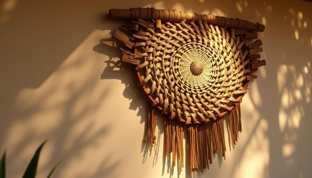 A meticulously handcrafted wall hanging, its intricate woven patterns and textured wooden elements casting captivating shadows on the surrounding wall. The piece is illuminated by warm, soft lighting, highlighting the natural beauty and craftsmanship. The overall composition creates a sense of depth and artistry, inviting the viewer to appreciate the care and skill that went into its creation. Rustic and elegant, this one-of-a-kind work of art would be a stunning focal point, adding depth and character to any outdoor living space.