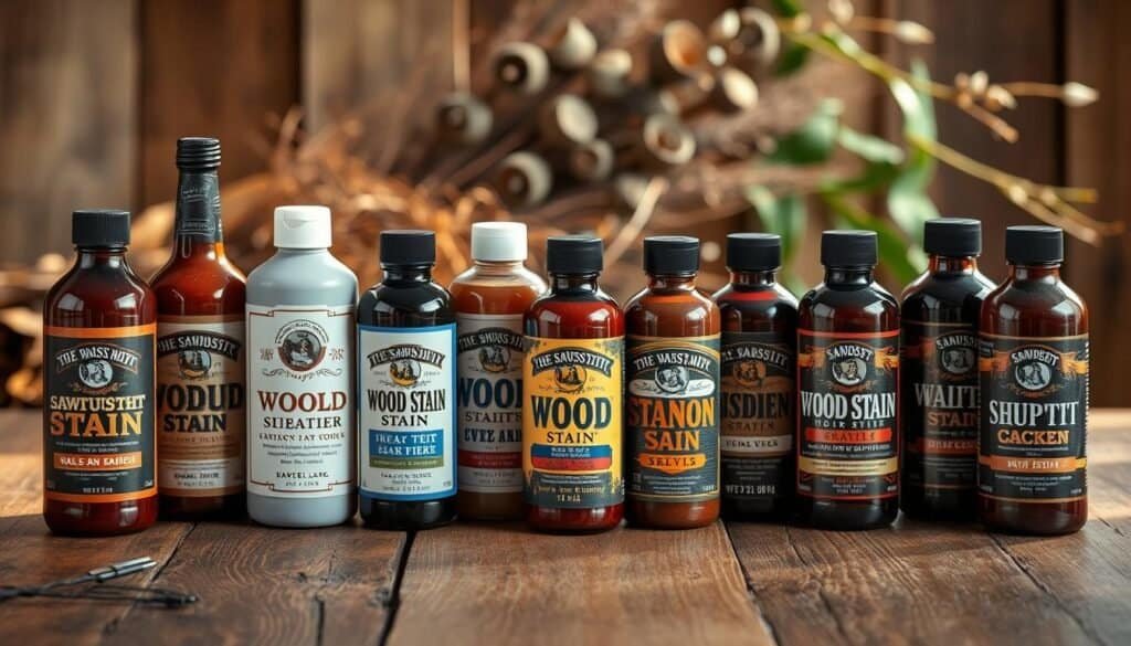 A meticulously lit studio shot showcasing a display of popular wood stain brands, including "The Sawdust Man" and other leading labels. The bottles are neatly arranged on a rustic wooden table, their labels and textures clearly visible. Warm, natural lighting casts soft shadows, highlighting the rich tones and grains of the wood. In the background, a subtle backdrop of natural materials, such as leaves or branches, creates a sense of organic harmony. The overall composition emphasizes the quality and variety of these grain-enhancing wood stains, inviting the viewer to explore their transformative potential.
