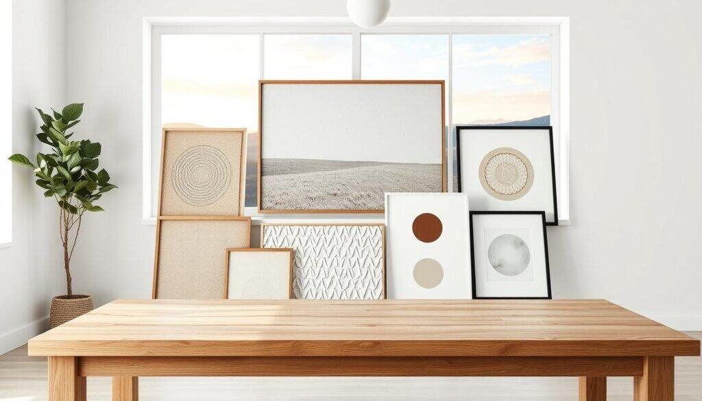 A minimalist, aesthetically-pleasing wall art collage layout plan. A wooden table in the foreground displays an organized arrangement of framed abstract paintings, textured canvases, and simple geometric shapes. The middle ground features a clean, light-filled room with white walls, natural lighting filtering in through large windows. In the background, a serene outdoor landscape with rolling hills and a vibrant sky creates a calming atmosphere. The overall composition exudes a sense of balance, harmony, and intentional design. Crisp, high-quality photography with a shallow depth of field accentuates the textures and forms of the artwork. A visually striking yet minimalist display that inspires thoughtful curation of a personalized gallery wall.