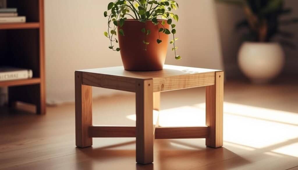 A minimalist and elegant wooden plant stand, its clean lines and natural hues creating a serene, earthy ambiance. The stand's smooth, sanded surface reflects the warm glow of soft, directional lighting, accentuating the wood's organic texture. A single potted plant, its lush foliage cascading gracefully, sits atop the stand, completing the simple, yet refined composition. The stand is captured from a low angle, highlighting its sturdy, well-crafted frame and creating a sense of balance and stability. The background is softly blurred, allowing the plant stand to take center stage and draw the viewer's full attention to its minimalist beauty.