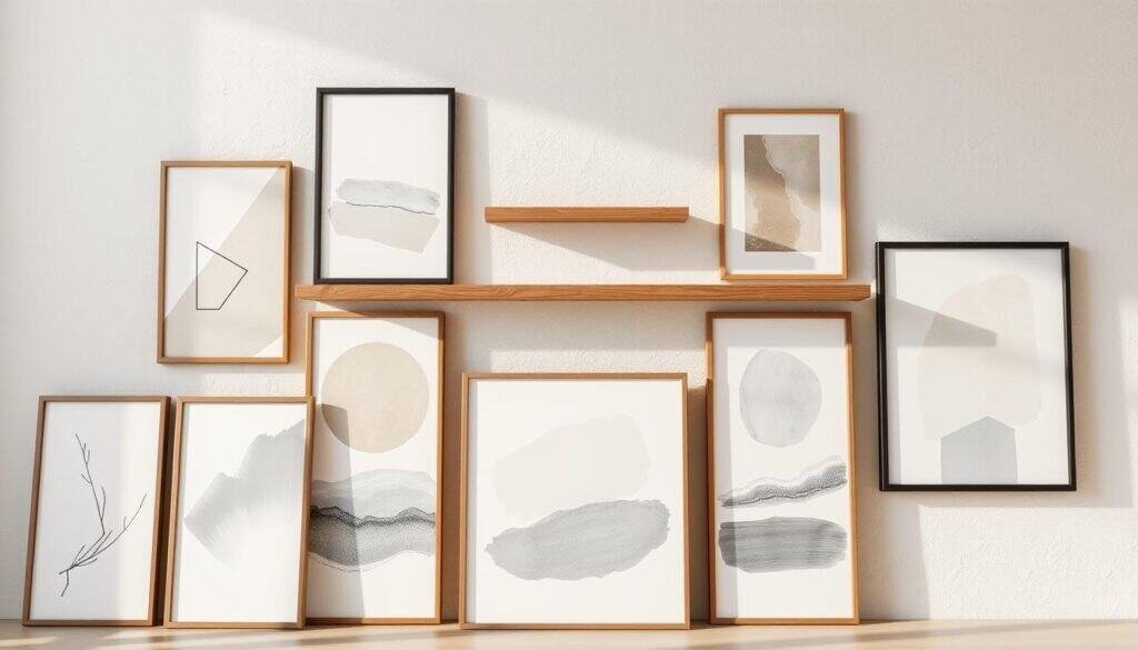 A minimalist collage of abstract wall art designs, featuring a harmonious blend of geometric shapes, organic textures, and muted tones. The foreground showcases a series of framed canvases, each displaying a unique pattern or brushstroke in a neutral palette of beige, gray, and soft blues. The middle ground features a mix of wooden shelves and floating frames, creating a visually striking and balanced arrangement. The background is a simple, textured wall in a complementary shade, allowing the artwork to take center stage. The lighting is natural, with soft shadows and highlights accentuating the depth and texture of the materials. The overall atmosphere is one of minimalist elegance, with a focus on the inherent beauty of the artwork itself.