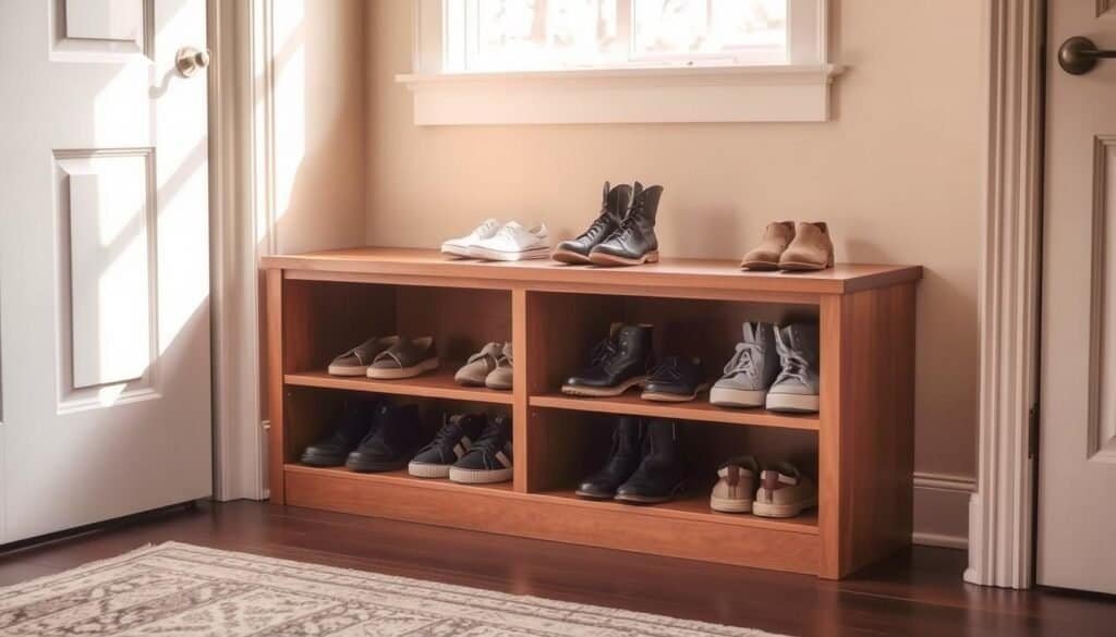 A minimalist entryway bench with subtle storage compartments underneath, displaying a clean and organized arrangement of various footwear. The scene is bathed in warm, natural light filtering through a nearby window, casting soft shadows that accentuate the textures of the wooden bench and the neatly placed shoes. The overall atmosphere is one of calm, deliberate organization, reflecting the harmonious and decluttered aesthetic of a well-designed home interior.