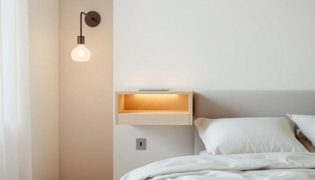 A minimalist, floating nightstand in a calming, cozy bedroom setting. The nightstand appears to be made of light wood, seamlessly integrated into the wall, giving the impression of it effortlessly hovering. Soft, diffused lighting from a sconce or table lamp casts a warm glow, creating a serene, relaxing ambiance. The nightstand features a clean, simple design with a smooth, uncluttered surface, serving as a functional yet stylish storage solution for a small space. The composition highlights the nightstand's space-saving nature, with the bed and surrounding decor elements providing context. Realistic, high-quality textures and attention to detail enhance the sense of depth and realism.