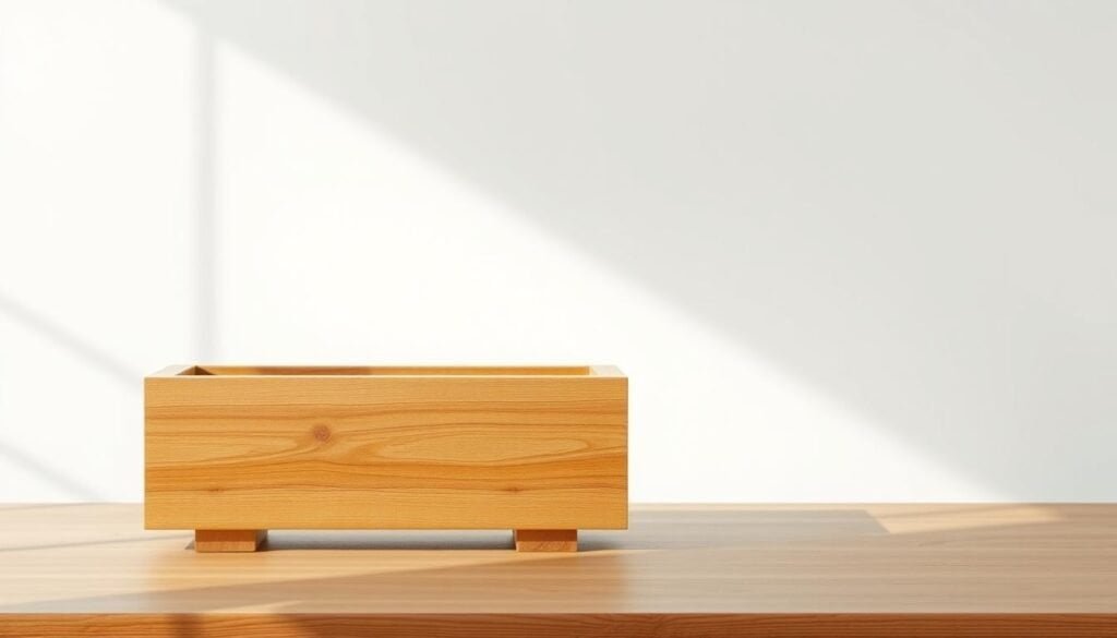 A minimalist, rustic wooden planter set against a clean, white backdrop. The planters feature a simple, rectangular design with clean lines and a natural wood grain texture. Soft, natural lighting casts gentle shadows, highlighting the organic form and materiality. The planters are elevated on a smooth, polished wood surface, creating a harmonious, streamlined composition. The overall aesthetic is one of understated elegance, allowing the natural beauty of the wood to take center stage.