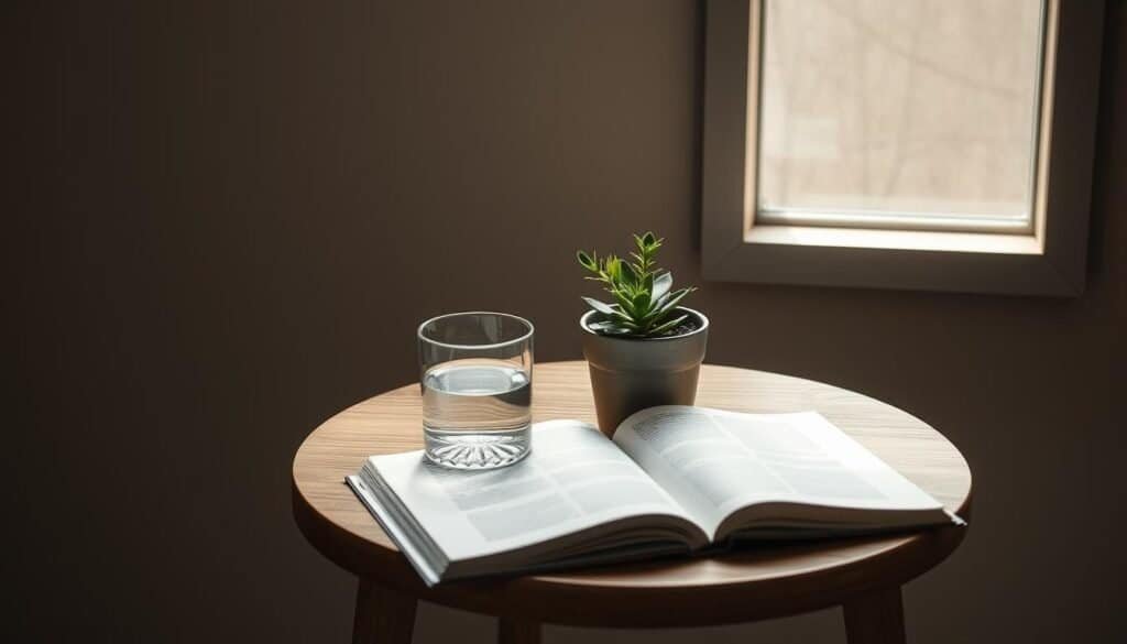 A minimalist still life capturing the essence of tranquility and intentionality. A wooden side table with a single potted succulent, its verdant leaves softly illuminated by natural light pouring in through a nearby window. The table's surface is uncluttered, save for a simple glass of water and a well-worn book, its pages inviting the viewer to pause and reflect. The background is a serene, muted palette of neutral tones, allowing the focal point to shine. The composition is balanced, the lighting is soft and diffuse, conveying a sense of calm and focus. This is a study in simplicity, a meditation on the beauty that can be found in the uncomplicated.