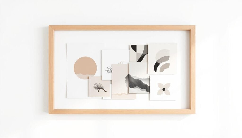 A minimalist wall art collage, framed against a crisp white background. The frame is a simple, modern wooden design with a clean, natural finish. Inside, an arrangement of abstract shapes, geometric patterns, and neutral-toned prints, carefully curated to create a cohesive, visually striking display. Soft, directional lighting casts gentle shadows, adding depth and dimension to the artwork. The overall composition exudes a serene, refined atmosphere, perfectly complementing the subject's title of "Creative Framing Solutions for Wall Art Collages".
