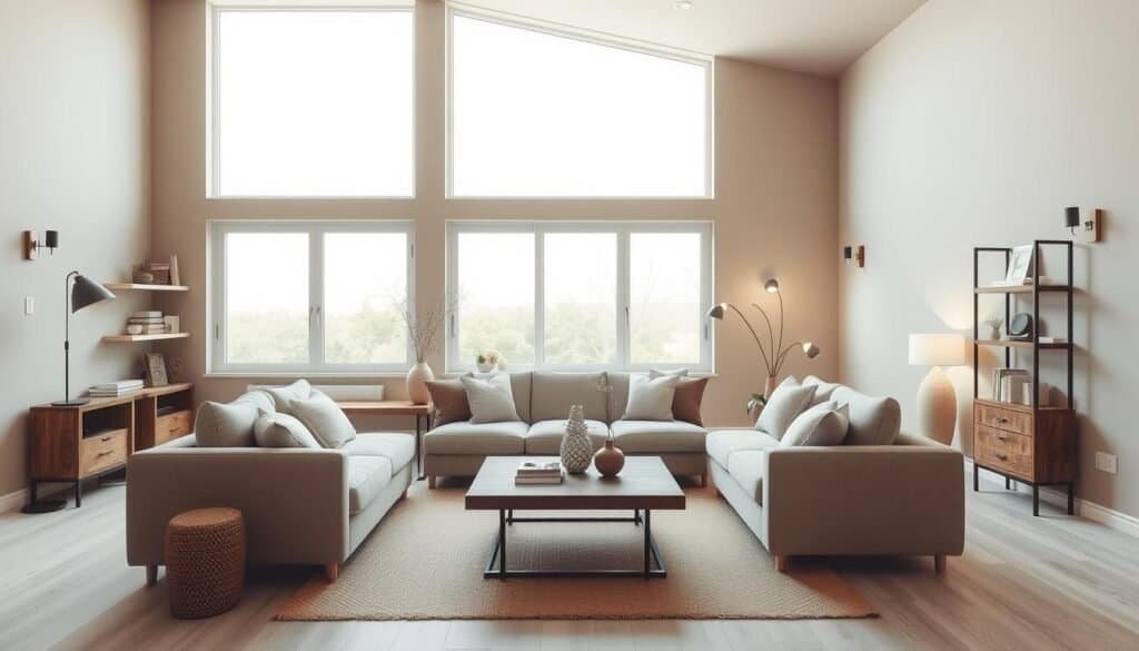A minimalist yet warm interior design showcasing a spacious living room with large windows that allow natural light to flood the space. The room features a plush neutral-toned sofa, complemented by a wooden coffee table and shelving unit. Textural elements such as a woven area rug and plush throw pillows add visual interest. Soft, diffused lighting from floor lamps and sconces create a cozy ambiance. The walls are painted in a muted, earthy tone, allowing the natural wood tones and textures to take center stage. An overall sense of simplicity and serenity pervades the scene, creating a harmonious, inviting atmosphere.