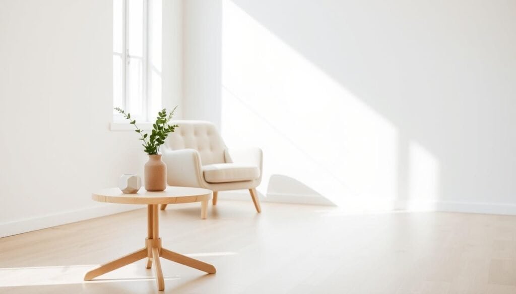 A minimalistic, well-lit home interior with a clean, modern aesthetic. In the foreground, a sleek, low-profile side table with gently curved legs, crafted from light-toned wood. Atop the table, a small potted plant and a simple, geometric vase. In the middle ground, a plush, neutral-colored armchair with clean lines and subtle tufting. Behind it, a large window allows natural light to flood the space, casting soft shadows. The walls are painted a calming, muted color, complementing the natural materials. The overall atmosphere is one of tranquility and refined elegance.