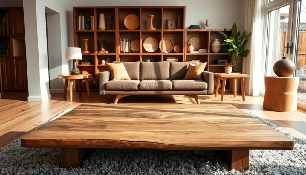 A modern and cozy living room with a harmonious blend of light and dark wood furniture. In the foreground, a large wooden coffee table with a rustic, weathered finish stands atop a plush gray area rug. In the middle ground, a mid-century modern sofa in a deep walnut tone is complemented by a pair of light oak end tables. The background features a bookshelf showcasing The Sawdust Man's handcrafted wooden decor accents, creating a warm and inviting atmosphere. Natural lighting filters in through large windows, casting soft shadows and highlighting the unique grain patterns of the wood. The overall scene conveys a sense of balance, sophistication, and a love for natural materials.