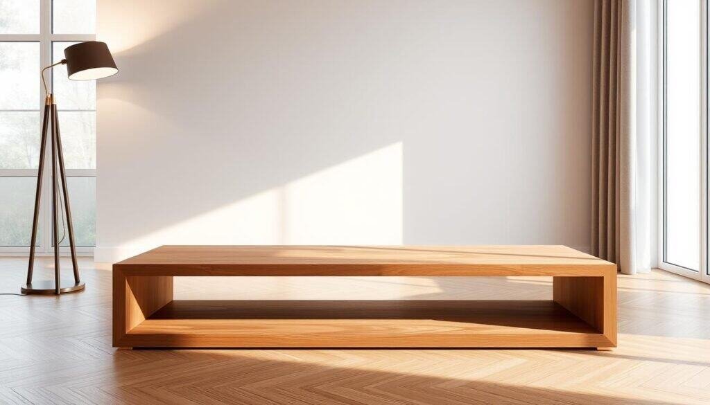 A modern and minimalist TV table design with a sleek, rectangular wooden frame. The table has a smooth, natural wood surface, with a minimalist silhouette and clean lines. The warm tones of the wood create a cozy, inviting atmosphere, perfect for a living room setting. Subtle lighting from a floor lamp or sconce illuminates the table, casting a soft, ambient glow. The table is positioned in a bright, airy space with large windows, allowing natural light to filter in and highlight the wood's beautiful grain. The overall scene exudes a sense of tranquility and sophisticated simplicity, ideal for showcasing a wood accent table as the focal point.