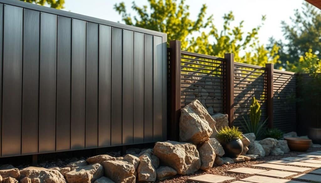 A modern backyard privacy screen featuring an elegant interplay of rugged metal and weathered stone. In the foreground, a series of sleek metal panels with a brushed steel finish create a striking visual barrier, their sharp edges contrasting with the rough, irregular texture of the natural stone base. Midground showcases a mix of large, earthy boulders and smaller, irregularly shaped rocks, artfully arranged to add depth and visual interest. The background is softly blurred, hinting at lush greenery and a serene atmosphere. Warm, directional lighting casts dramatic shadows, emphasizing the interplay of light and shadow across the varied surfaces. The overall scene conveys a harmonious fusion of modern, industrial elements and natural, weathered materials, creating a beautiful and functional privacy solution for the modern backyard.