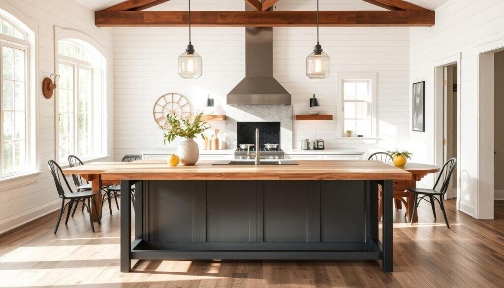 A modern farmhouse kitchen island in a warm and inviting open-concept space. Rustic yet refined, the island features a sturdy wooden top with a soft gray finish, complemented by sleek black metal legs. Elegant pendant lights with exposed bulbs cast a cozy glow, highlighting the natural textures and neutral tones. The backdrop showcases shiplap walls, offering a touch of country charm. Sunlight streams through large windows, creating a bright and airy atmosphere. The island's design seamlessly blends traditional and contemporary elements, creating a harmonious and visually appealing focal point for the dining area.
