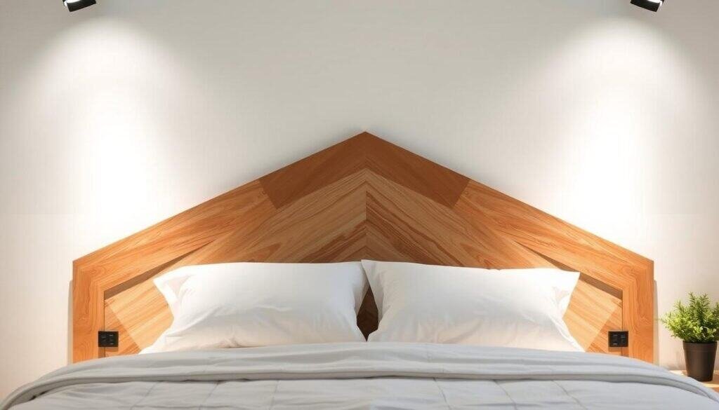 A modern geometric wooden headboard with a sleek, minimalist design. The headboard features clean lines and angular shapes, creating a visually striking and contemporary piece. The wood is a warm, natural tone, adding a touch of organic warmth to the design. Soft, diffused lighting from above casts gentle shadows, accentuating the geometric patterns and creating a cozy, inviting atmosphere. The headboard is positioned against a plain, white wall, allowing the design to take center stage. The overall mood is one of simplicity, sophistication, and a touch of rustic charm. A modern geometric wooden headboard with a sleek, minimalist design. The headboard features clean lines and angular shapes, creating a visually striking and contemporary piece. The wood is a warm, natural tone, adding a touch of organic warmth to the design. Soft, diffused lighting from above casts gentle shadows, accentuating the geometric patterns and creating a cozy, inviting atmosphere. The headboard is positioned against a plain, white wall, allowing the design to take center stage. The overall mood is one of simplicity, sophistication, and a touch of rustic charm.