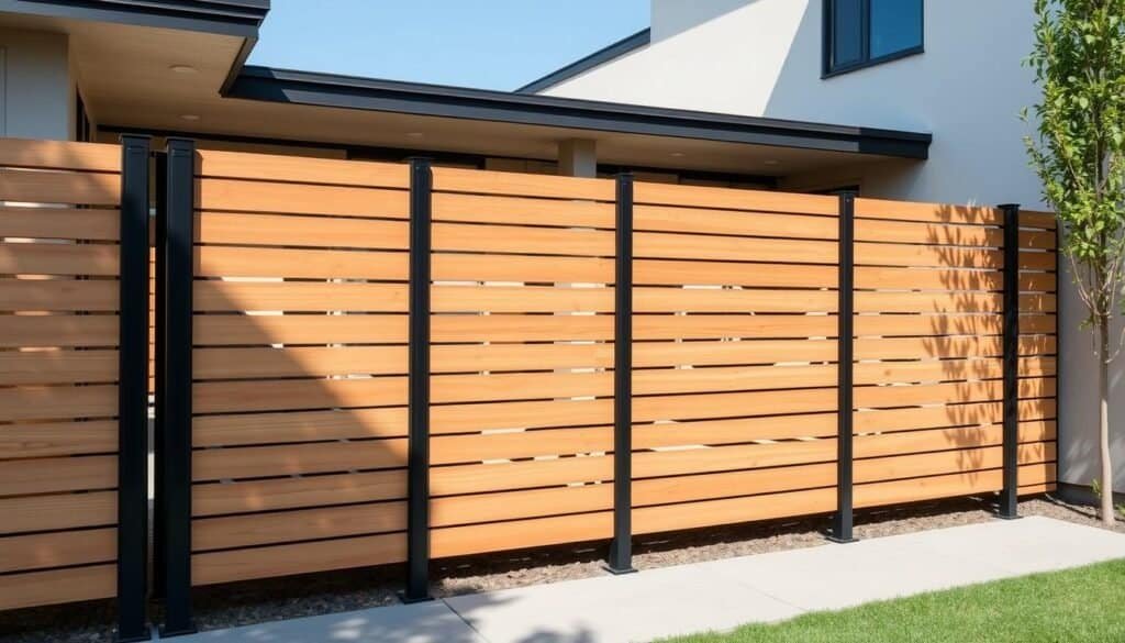 A modern horizontal slat fence design crafted with precision by The Sawdust Man. The fence features clean, parallel wood slats in a natural wood tone, mounted on sturdy metal posts. The slats are evenly spaced, casting dynamic shadows that create a contemporary aesthetic. The fence is situated in a well-lit, minimalist outdoor setting, complementing the sleek, sophisticated architecture of a modern home. The overall scene exudes a sense of understated elegance and timeless design.
