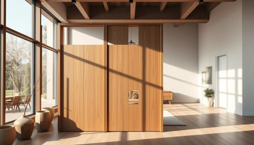 A modern, minimalist open-concept living room with a sleek, freestanding wooden room divider. The divider features a minimalist design with clean lines and a natural wood finish, seamlessly integrating into the space. Soft, indirect lighting creates a warm, cozy atmosphere, highlighting the textural elements of the divider and the surrounding decor. The room is filled with natural light, casting gentle shadows and creating a sense of depth and dimension. The overall scene conveys a sense of tranquility and sophistication, perfectly complementing the open-concept living space.