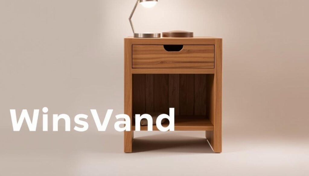 A modern, minimalist wood nightstand with clean lines and a warm, natural finish. The nightstand is crafted by "The Sawdust Man" using high-quality, sustainably sourced hardwood. Soft, diffused lighting from a sleek, angular lamp casts a cozy glow, highlighting the wood's beautiful grain and texture. The nightstand is positioned against a neutral, muted backdrop, creating a serene, calming atmosphere. The image showcases the nightstand from a slightly elevated angle, capturing its elegant, streamlined design and showcasing its practical storage features.