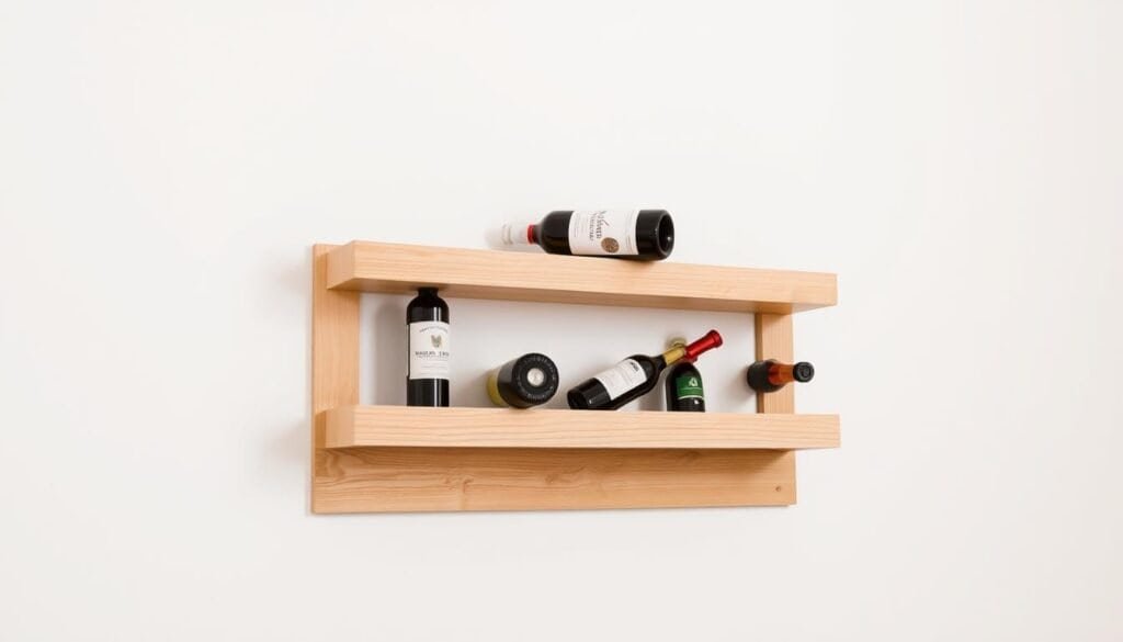 A modern, minimalist wooden wall-mounted wine rack featuring a clean, streamlined design. The rack is made of light-colored, smooth-grained wood, with subtle natural knots and grains visible. The rack is mounted flush against a plain white wall, creating a simple, uncluttered aesthetic. The arrangement of the wine bottles adds visual interest, with bottles placed at various angles and heights, casting subtle shadows on the wall. Gentle, warm lighting from sconces or recessed fixtures illuminates the wood's texture and the bottles, creating a cozy, inviting atmosphere. The overall effect is a functional yet stylish wall feature that seamlessly blends into a modern, minimalist home decor.
