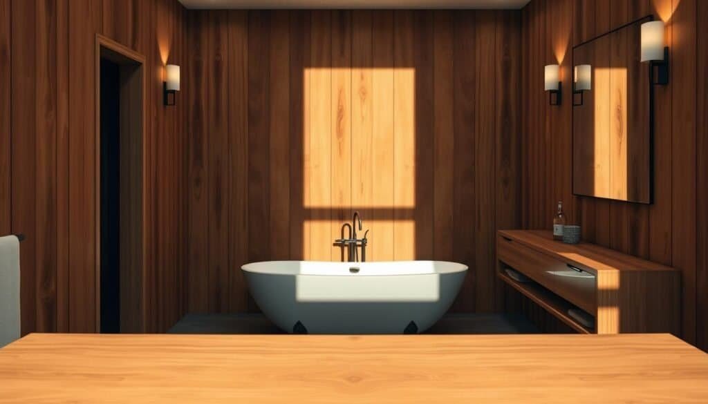 A modern, spa-like bathroom featuring warm, natural wood accents. The foreground showcases a sleek, floating vanity with a smooth, sanded wood top and minimalist hardware. The middle ground highlights a freestanding, claw-foot tub nestled against a wall clad in vertical wood planks, casting dynamic shadows. In the background, a large, frameless mirror reflects the room's serene ambiance, complemented by the soft, diffused lighting from sconces mounted on the wood-paneled walls. The overall scene conveys a sense of tranquility and luxury, inviting the viewer to imagine themselves in this calming, spa-like retreat. A modern, spa-like bathroom featuring warm, natural wood accents. The foreground showcases a sleek, floating vanity with a smooth, sanded wood top and minimalist hardware. The middle ground highlights a freestanding, claw-foot tub nestled against a wall clad in vertical wood planks, casting dynamic shadows. In the background, a large, frameless mirror reflects the room's serene ambiance, complemented by the soft, diffused lighting from sconces mounted on the wood-paneled walls. The overall scene conveys a sense of tranquility and luxury, inviting the viewer to imagine themselves in this calming, spa-like retreat.