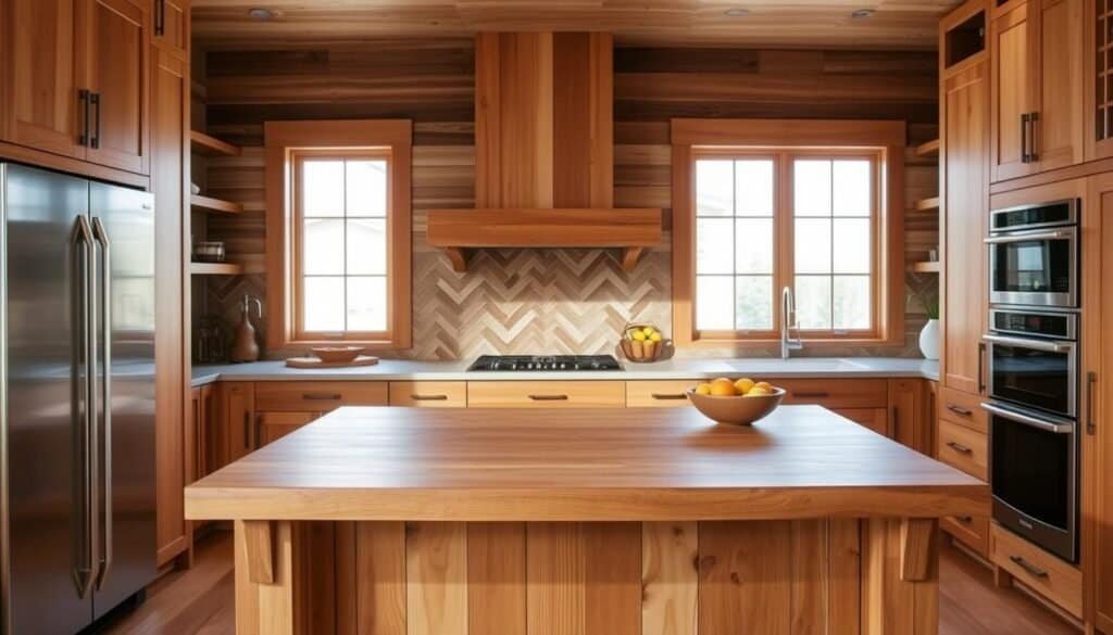 A modern, well-lit kitchen with a harmonious blend of natural wood tones. In the foreground, a sturdy wooden kitchen island showcases the craftsmanship of "The Sawdust Man", its warm hues complemented by sleek stainless steel appliances. In the middle ground, a mix of light and dark wood cabinets create visual interest, while the backsplash features a herringbone pattern of earthy tiles. The background showcases large windows that flood the space with soft, natural light, highlighting the organic textures and grain of the various wooden elements. An overall cozy and inviting atmosphere, perfect for the "Warm Up Your Kitchen with Natural Wood" article.