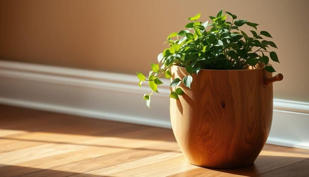 A natural, elegant wooden plant pot with a smooth, polished surface and a sturdy, tapered design. The pot is placed on a hardwood floor, bathed in warm, diffused lighting that casts gentle shadows, creating a cozy, inviting atmosphere. The plant inside the pot is lush and verdant, its leaves gracefully cascading over the sides, complementing the earthy tones of the wooden container. The scene exudes a sense of tranquility and harmonious integration between natural and manmade elements, perfect for enhancing the ambiance of any living space.