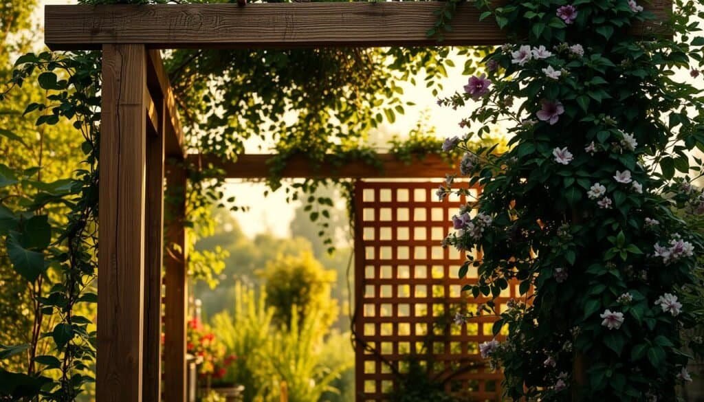 A natural, rustic privacy trellis made of sturdy wood beams, standing tall in a lush, verdant garden. The trellis casts soft, dappled shadows, its intricate lattice work offering a sense of enclosure and seclusion. Trailing vines and fragrant flowers cling to the structure, creating a living, breathable boundary between garden spaces. The overall scene is bathed in warm, golden-hour lighting, casting a cozy, inviting ambiance. Angle the camera slightly from below to emphasize the height and grandeur of the trellis, framing it against a backdrop of verdant foliage and a hazy, atmospheric sky. A natural, rustic privacy trellis made of sturdy wood beams, standing tall in a lush, verdant garden. The trellis casts soft, dappled shadows, its intricate lattice work offering a sense of enclosure and seclusion. Trailing vines and fragrant flowers cling to the structure, creating a living, breathable boundary between garden spaces. The overall scene is bathed in warm, golden-hour lighting, casting a cozy, inviting ambiance. Angle the camera slightly from below to emphasize the height and grandeur of the trellis, framing it against a backdrop of verdant foliage and a hazy, atmospheric sky.