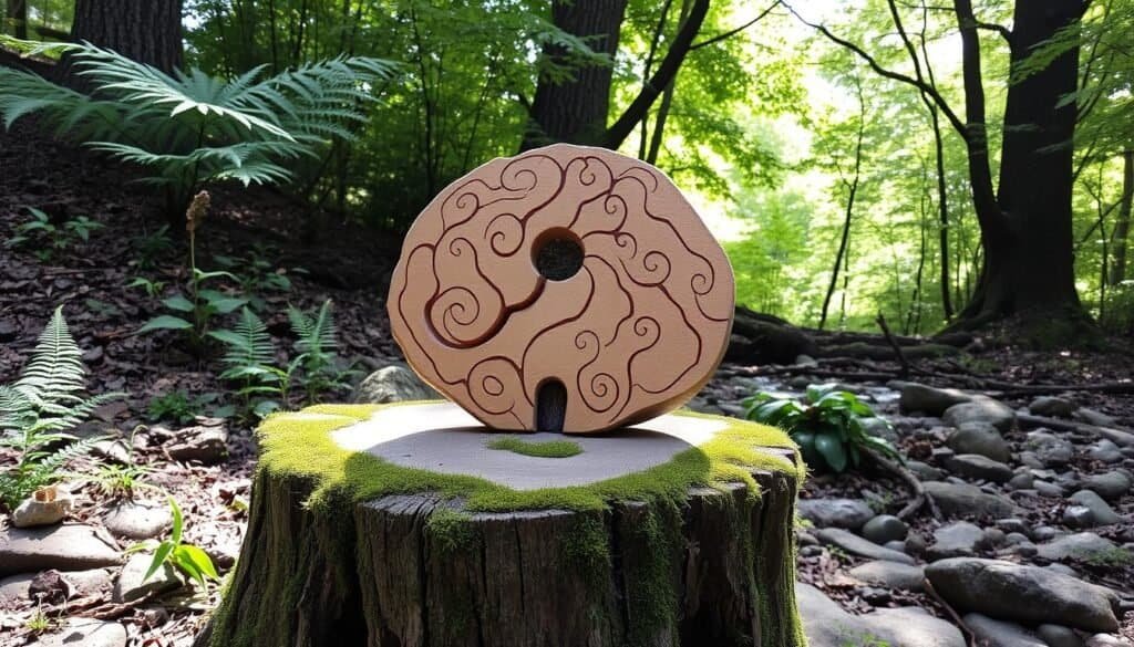 A nature-inspired, handcrafted wood carving sitting atop a rustic, moss-covered tree stump. The piece features intricate organic patterns and textures, with a smooth, sanded finish that catches the soft, warm glow of natural sunlight filtering through a lush, verdant canopy. The carving is situated in a serene woodland setting, surrounded by ferns, wildflowers, and a scattering of river rocks. A sense of tranquility and grounding resonates throughout the scene, inviting the viewer to pause, reflect, and connect with the calming power of the natural world.