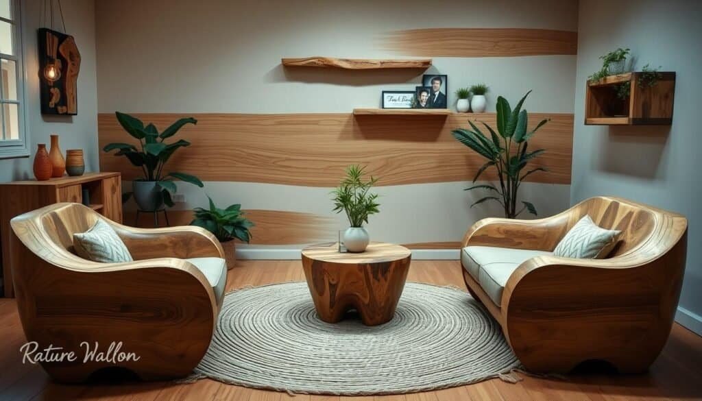 A nature-inspired living room set made from reclaimed wood, with a rustic yet modern design. Organic shapes and natural textures create a warm, inviting atmosphere. Soft lighting casts a gentle glow, highlighting the wood's intricate grain patterns. Smooth, curved armchairs sit atop a woven area rug, surrounded by potted plants and a wall-mounted shelving unit displaying decorative items. The overall scene conveys a sense of tranquility and personalized style, reflecting the owner's connection to the natural world.